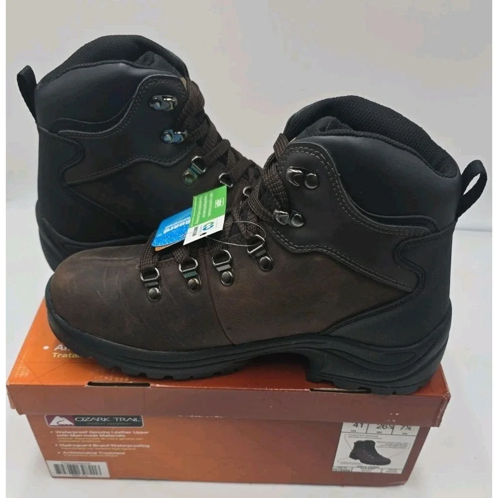 Ozark Trail Bandy II Men's Hiking Boots Size 7.5 Dark Brown Leather Waterproof